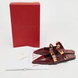 Pre Owned Valentino Burgundy Leather Roman Stud Flat Mules Size 37.5
