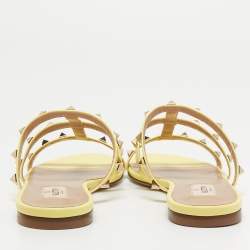 Pre Owned Valentino Light Yellow Leather Rockstud Flat Slides Size 37