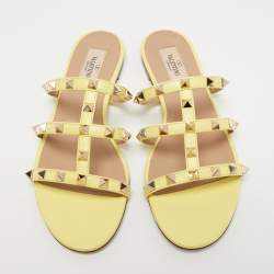 Pre Owned Valentino Light Yellow Leather Rockstud Flat Slides Size 37