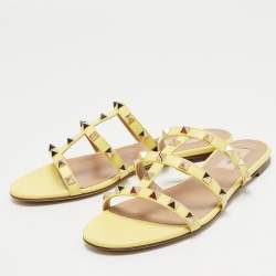 Pre Owned Valentino Light Yellow Leather Rockstud Flat Slides Size 37