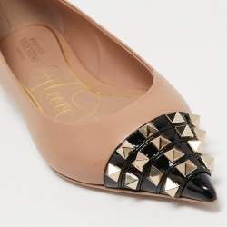Pre Owned Valentino Beige/Black Leather and Patent Rockstud Ballet Flats Size 37