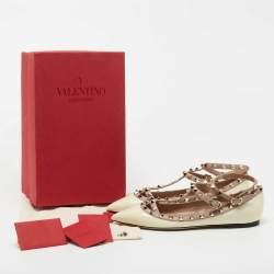 Pre Owned Valentino Cream/Pink Patent Leather and Leather Rockstud Double Ankle Strap Cage Ballerina Flats Size 40