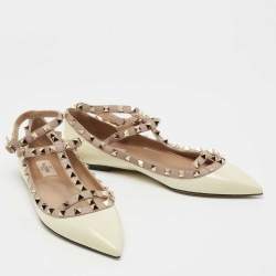 Pre Owned Valentino Cream/Pink Patent Leather and Leather Rockstud Double Ankle Strap Cage Ballerina Flats Size 40