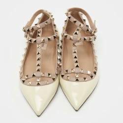 Pre Owned Valentino Cream/Pink Patent Leather and Leather Rockstud Double Ankle Strap Cage Ballerina Flats Size 40
