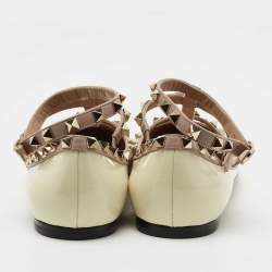 Pre Owned Valentino Cream/Pink Patent Leather and Leather Rockstud Double Ankle Strap Cage Ballerina Flats Size 40