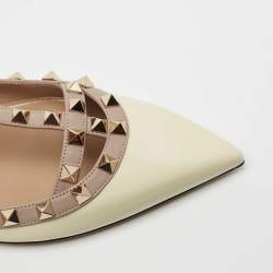 Pre Owned Valentino Cream/Pink Patent Leather and Leather Rockstud Double Ankle Strap Cage Ballerina Flats Size 40