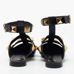Pre Owned Valentino Black Leather Roman Stud Ankle Strap Flats Size 39