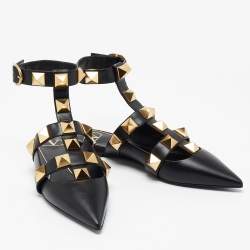 Pre Owned Valentino Black Leather Roman Stud Ankle Strap Flats Size 39