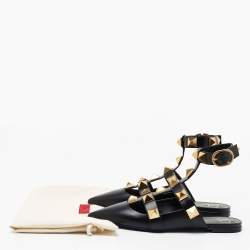 Pre Owned Valentino Black Leather Roman Stud Ankle Strap Flats Size 39