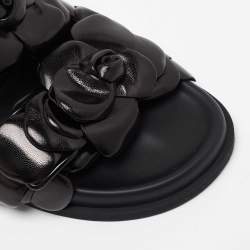 Pre Owned Valentino Black Leather Rose Atelier Fat Slides Size 38