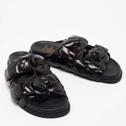Pre Owned Valentino Black Leather Rose Atelier Fat Slides Size 38