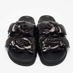 Pre Owned Valentino Black Leather Rose Atelier Fat Slides Size 38