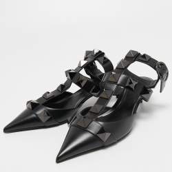 Pre Owned Valentino Black Leather Roman Stud Ankle Strap Pumps Size 39