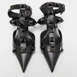Pre Owned Valentino Black Leather Roman Stud Ankle Strap Pumps Size 39