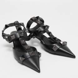 Pre Owned Valentino Black Leather Roman Stud Ankle Strap Pumps Size 39