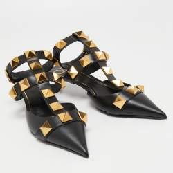 Pre Owned Valentino Black Leather Roman Stud Ankle Strap Pumps Size 39