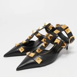 Pre Owned Valentino Black Leather Roman Stud Ankle Strap Pumps Size 39