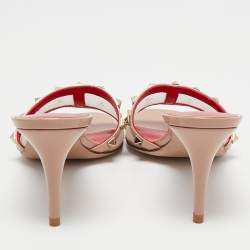 Pre Owned Valentino Beige Patent Leather And Mesh Rockstud Slide Sandals Size 38.5