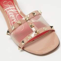 Pre Owned Valentino Beige Patent Leather And Mesh Rockstud Slide Sandals Size 38.5