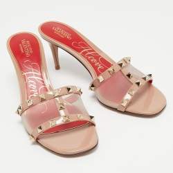 Pre Owned Valentino Beige Patent Leather And Mesh Rockstud Slide Sandals Size 38.5
