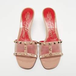 Pre Owned Valentino Beige Patent Leather And Mesh Rockstud Slide Sandals Size 38.5