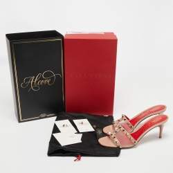 Pre Owned Valentino Beige Patent Leather And Mesh Rockstud Slide Sandals Size 38.5