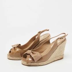 Pre Owned Valentino Brown Patent Leather Mena Bow Espadrille Wedge Sandals Size 36