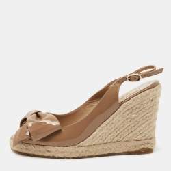 Pre Owned Valentino Brown Patent Leather Mena Bow Espadrille Wedge Sandals Size 36