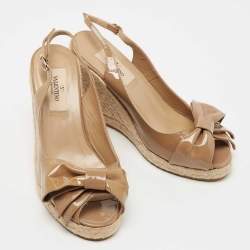 Pre Owned Valentino Brown Patent Leather Mena Bow Espadrille Wedge Sandals Size 36