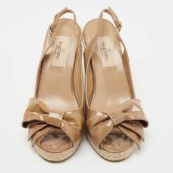 Pre Owned Valentino Brown Patent Leather Mena Bow Espadrille Wedge Sandals Size 36