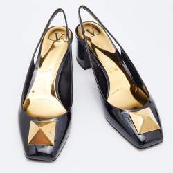 Pre Owned Valentino Black Patent Leather One Stud Block Heel Slingback Pumps Size 41.5