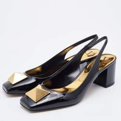 Pre Owned Valentino Black Patent Leather One Stud Block Heel Slingback Pumps Size 41.5