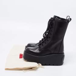 Pre Owned Valentino Black Leather Uniqueform Platform Combat Boots Size 35
