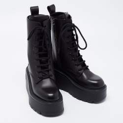 Pre Owned Valentino Black Leather Uniqueform Platform Combat Boots Size 35