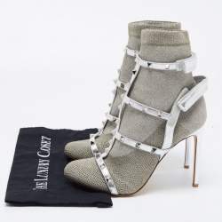 Pre Owned Valentino Silver Leather and Glitter Fabric Rockstud Accents Sock Boots Size 40 