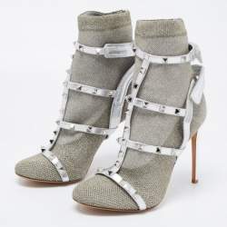 Pre Owned Valentino Silver Leather and Glitter Fabric Rockstud Accents Sock Boots Size 40 