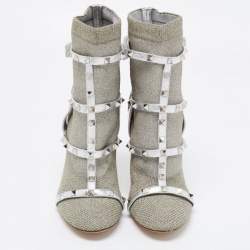 Pre Owned Valentino Silver Leather and Glitter Fabric Rockstud Accents Sock Boots Size 40 