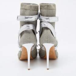 Pre Owned Valentino Silver Leather and Glitter Fabric Rockstud Accents Sock Boots Size 40 