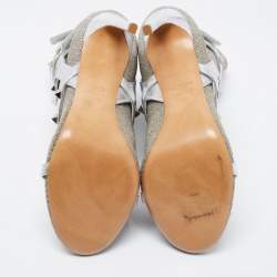 Pre Owned Valentino Silver Leather and Glitter Fabric Rockstud Accents Sock Boots Size 40 