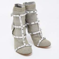 Pre Owned Valentino Silver Leather and Glitter Fabric Rockstud Accents Sock Boots Size 40 
