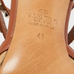 Pre Owned Valentino Brown Leather and Canvas  Rockstud Ankle Strap Pumps Size 41