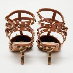 Pre Owned Valentino Brown Leather and Canvas  Rockstud Ankle Strap Pumps Size 41