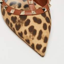 Pre Owned Valentino Brown Leather and Canvas  Rockstud Ankle Strap Pumps Size 41