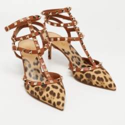 Pre Owned Valentino Brown Leather and Canvas  Rockstud Ankle Strap Pumps Size 41