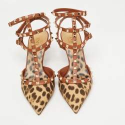 Pre Owned Valentino Brown Leather and Canvas  Rockstud Ankle Strap Pumps Size 41