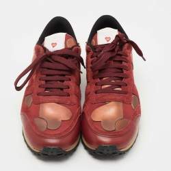 Pre Owned Valentino Red Canvas, Leather and Suede Rockrunner L'Amour Sneakers Size 40.5