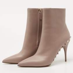 Pre Owned Valentino Beige Leather Rockstud Ankle Boots Size 39.5