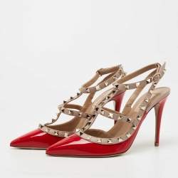 Pre Owned Valentino Red Patent Leather Rockstud Ankle Strap Pumps Size 38.5