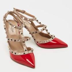 Pre Owned Valentino Red Patent Leather Rockstud Ankle Strap Pumps Size 38.5