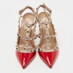 Pre Owned Valentino Red Patent Leather Rockstud Ankle Strap Pumps Size 38.5